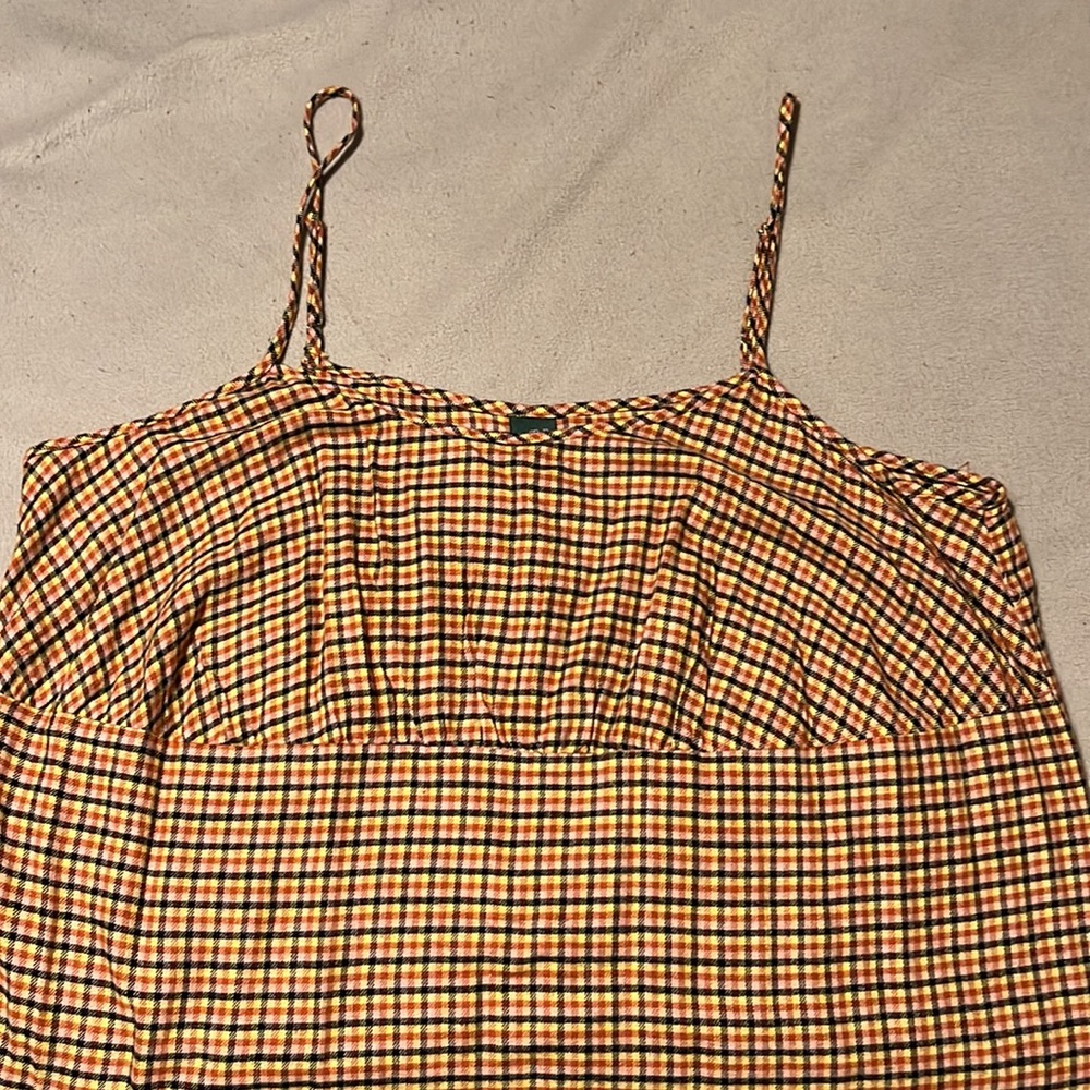 Fall colored plaid mini dress. Empire waist/babydoll style. 90’s inspired.